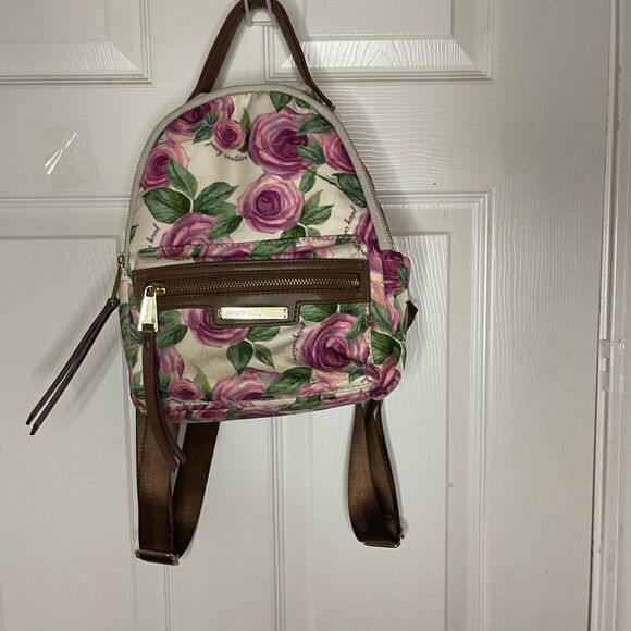 Juicy Couture Nylon mauve roses and green leaf prints mini backpack brown trims. - Picture 7 of 14